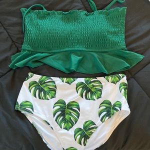Cupshe Smocked Green and Monstera High Waisted Bikini